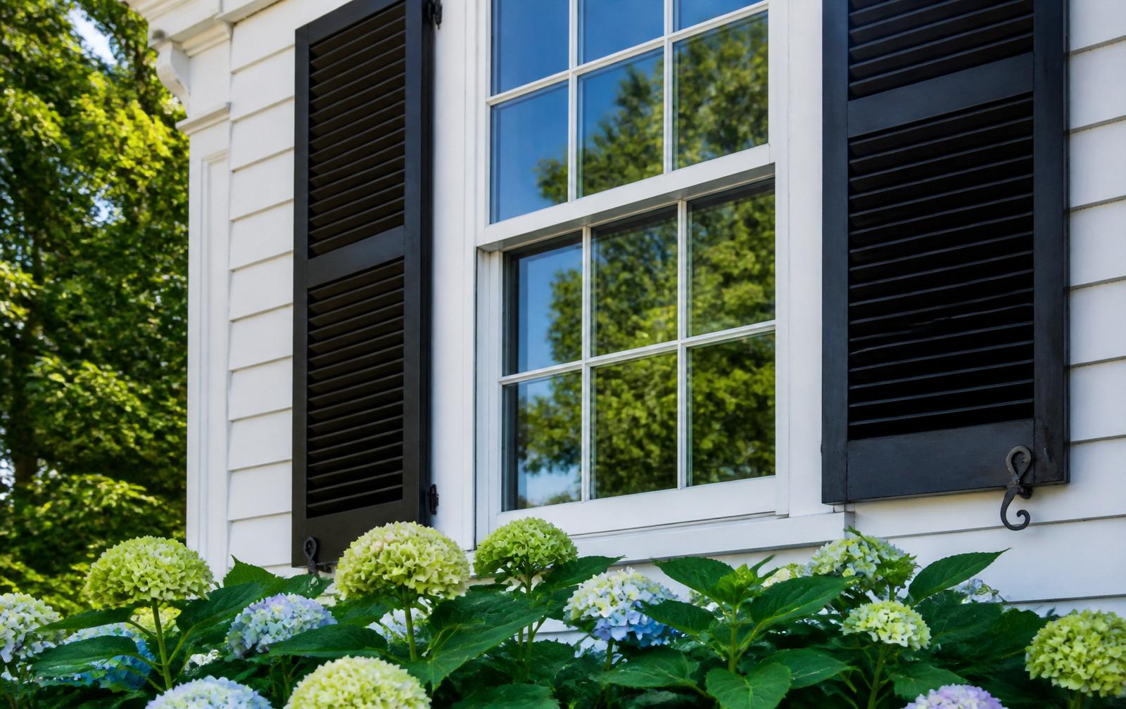 Clean colonial sash window with hydrangeas