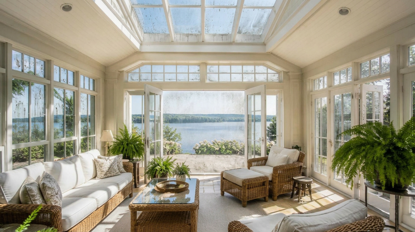 Sunroom with dirty skylight and windows
