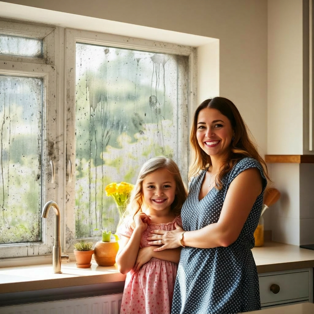 Mother and daughter beside a dirty kitchen window