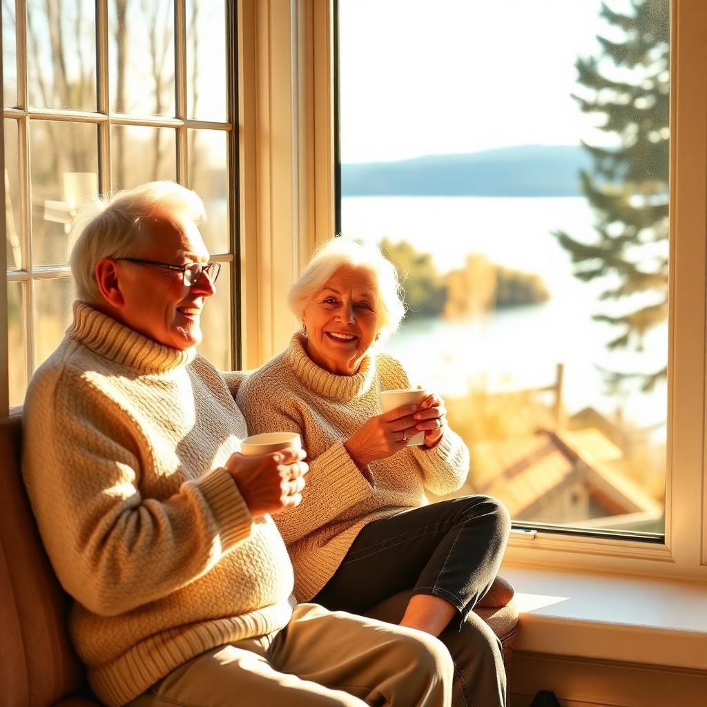 Older couple at a crystal-clear lakefront window