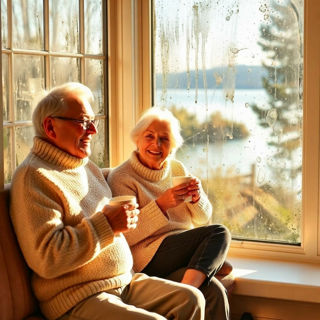Older couple at a hazy lakefront window