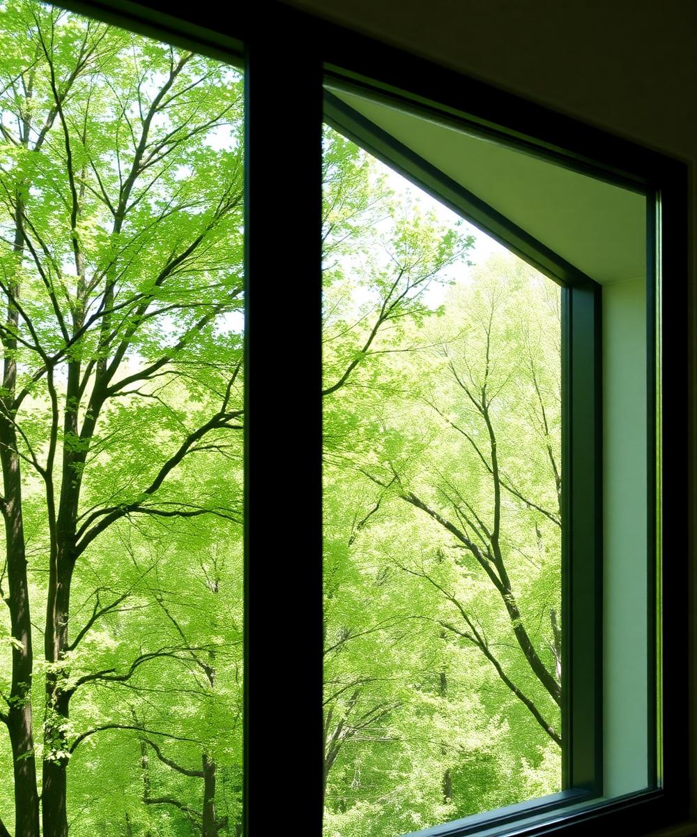 Modern picture window with view of trees