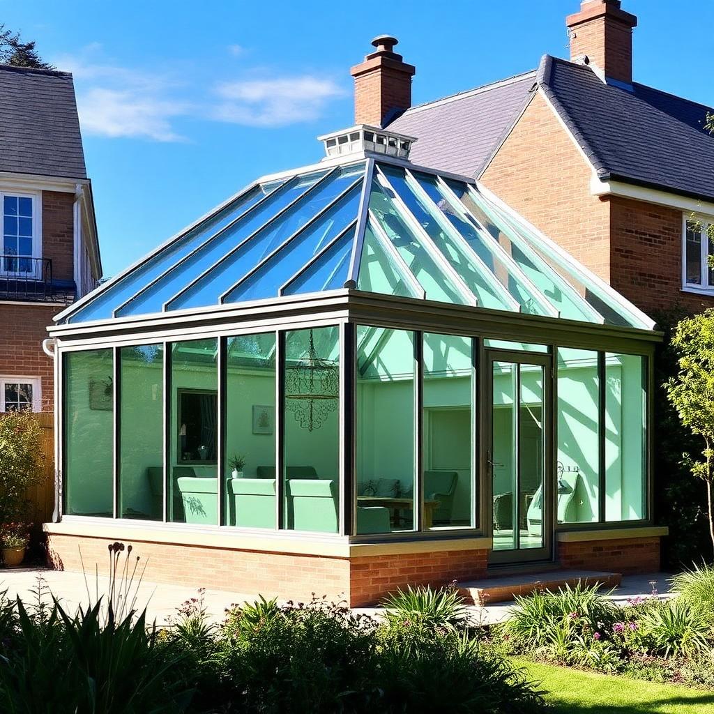 Glass conservatory addition reflecting blue sky