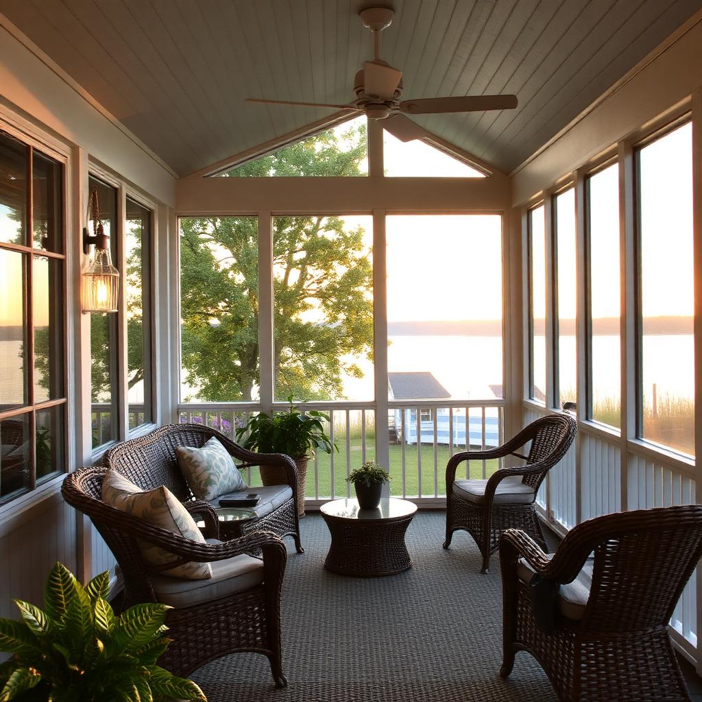 Lakeside cottage screened porch at dusk