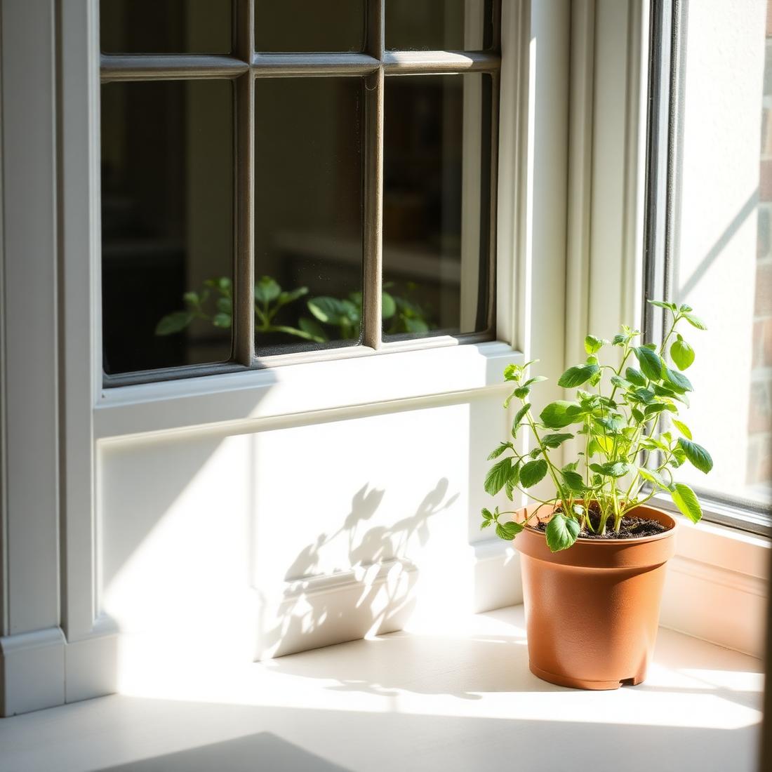 Window sill with herb in morning light