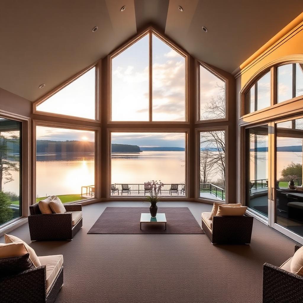 Lakefront great room with floor-to-ceiling windows at golden hour