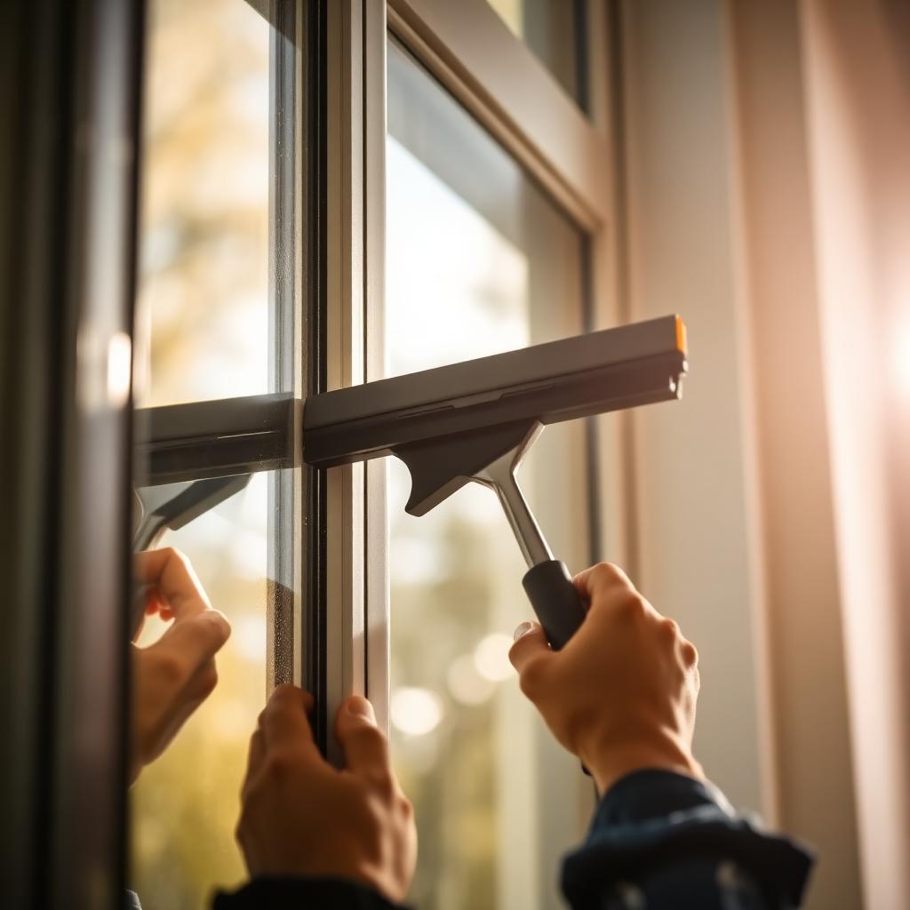 Close-up of squeegee gliding across a window