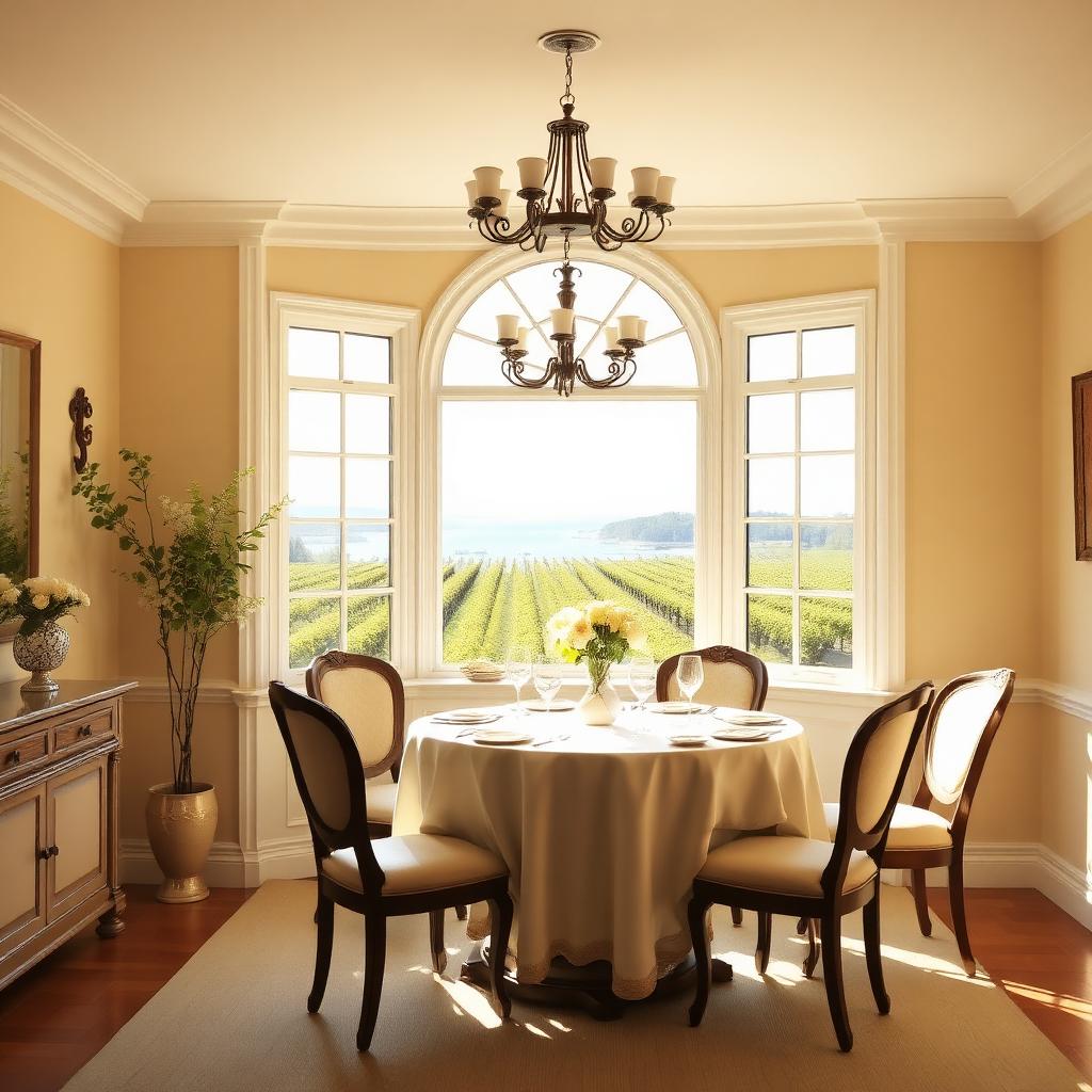 Dining room with arched bay window overlooking vineyards