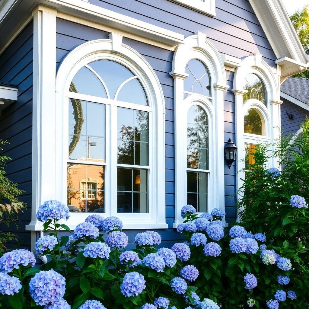 Victorian arched windows with hydrangeas in bloom