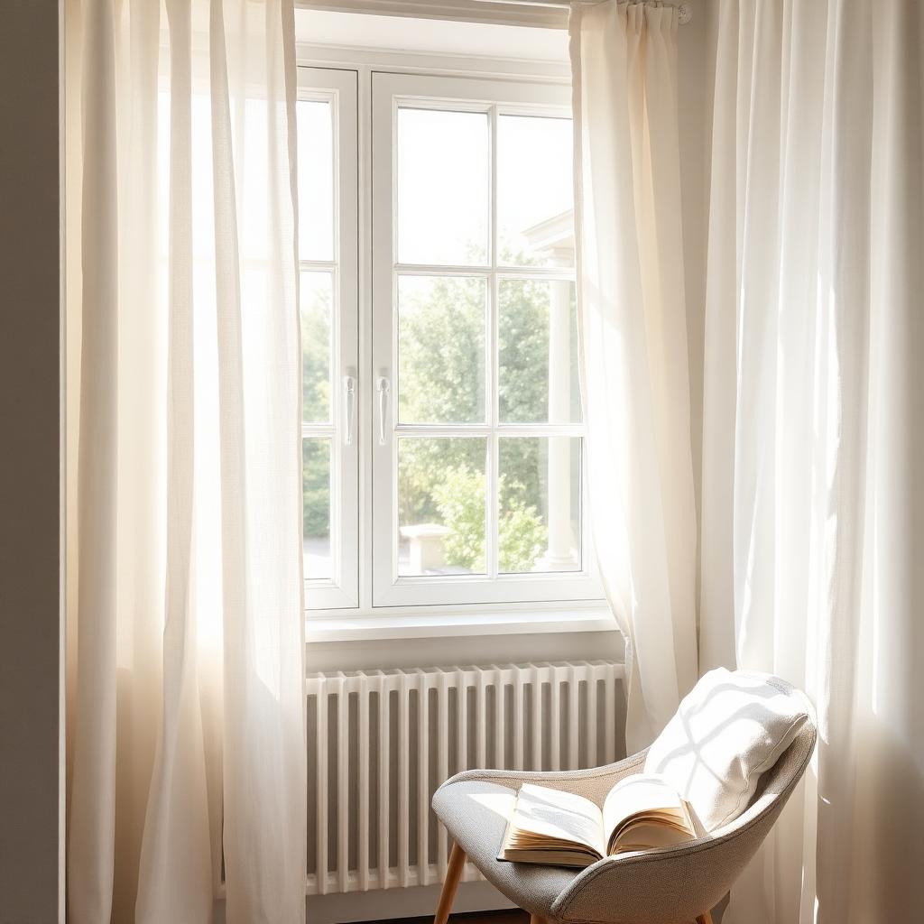 Reading nook by a spotless window with linen curtains