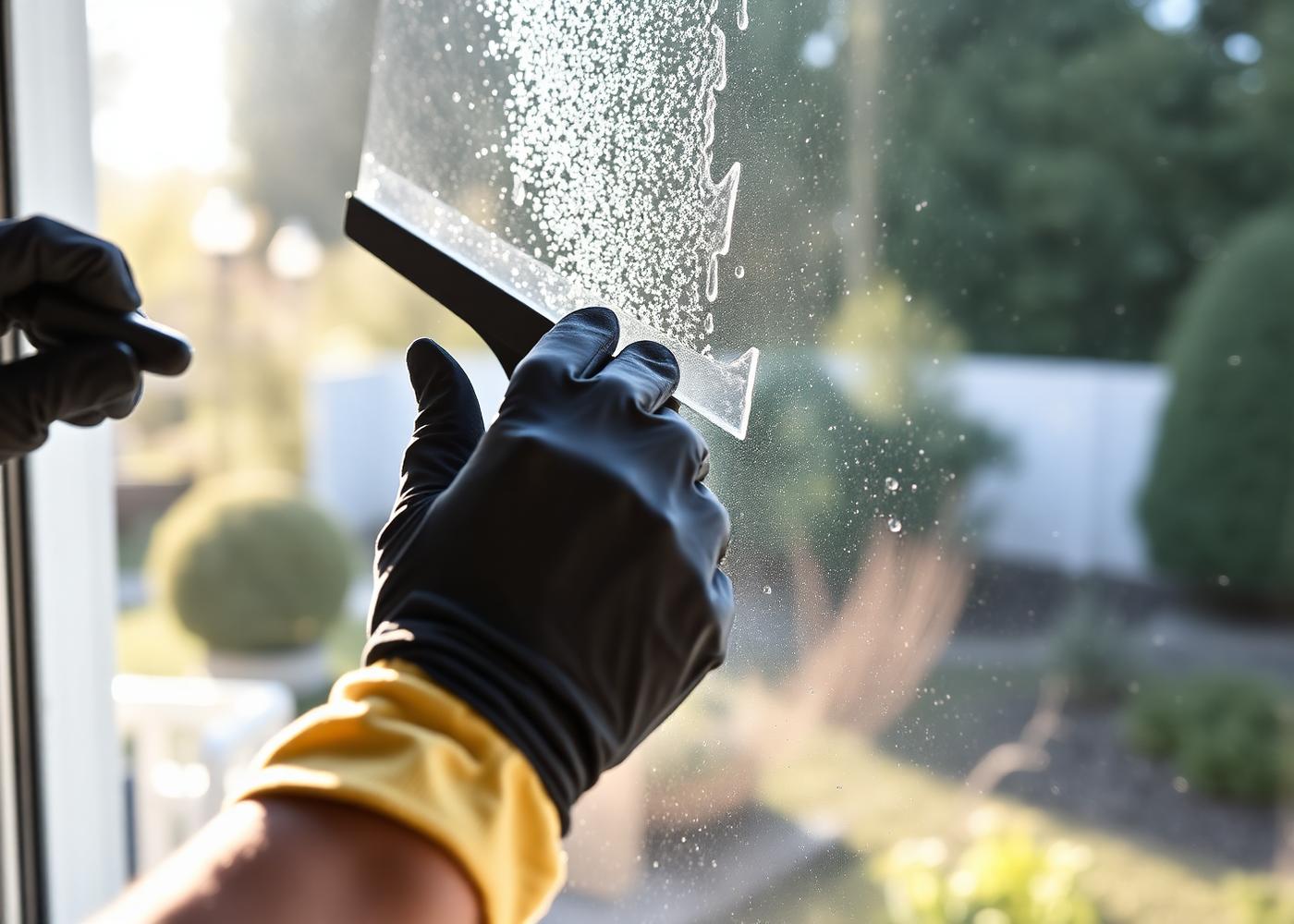 Gloved hand cleaning a window with a squeegee